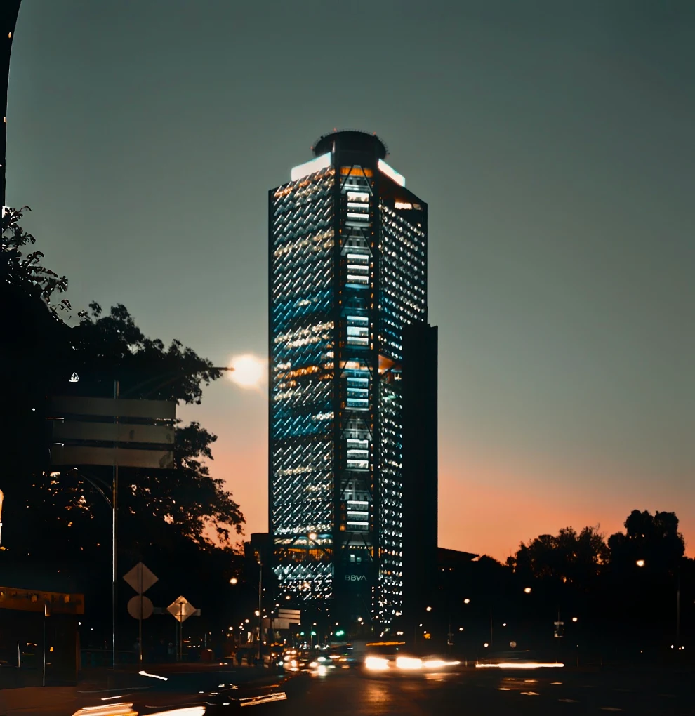 Torre BBVA de noche, Paseo de la Reforma, Ciudad de México